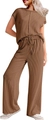 Detail of dark brown ribbed knit texture on stylish short sleeve top and wide leg pants - Brown