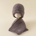 Brown knitted hat and scarf set for children with white embroidered hearts - Set / Brown