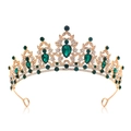 Elegant gold bridal tiara featuring teardrop emerald crystals and shimmering rhinestones - White + Green
