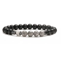 Natural volcanic stone beaded bracelet with cross charm and stainless steel accents - Matte Black with Map