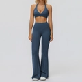 Set da yoga due pezzi con top all'americana blu scuro e leggings svasati a vita alta - Taglia S / Reggiseno+Pantaloni a Zampa-Blu Grigio