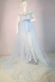Robe longue bleu clair à épaules dénudées en dentelle et tulle avec jupe évasée - Bleu clair