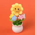 Nahaufnahme der handgestrickten Sonnenblume mit Smiley in einem Keramiktopf - Lachendes Gesicht Sonnenblume Topfpflanze
