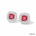 Silver square halo stud earrings with a vibrant red gem and clear zircon stones - Silver Red Zirconia