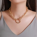 Golden chunky chain necklace featuring a polished round pendant worn by a model - Polished Chunky Chain Disc Necklace (KC Gold 12109)