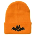 Bright orange knit beanie featuring a black Halloween bat pattern on the folded cuff - Orange Cartoon Bat Style (橙色-E)