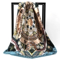 Luxurious satin square scarf with exotic horse floral print and teal blue border - Tai Chi Circle Green