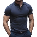 Detail view of navy blue slim fit knit polo shirt with three-button placket for men - S / Navy Blue