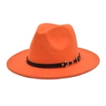 Detail of orange wool fedora hat featuring a black leather belt with a gold metal buckle - M (56-58cm) / Orange