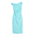 Elegantes himmelblaues One-Shoulder-Midikleid mit goldener Dekoschnalle an der Taille - XS / Seeblau