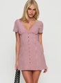 Retro Minikleid mit rotem Karomuster, V-Ausschnitt und Knöpfen für Damen in Top-Qualität - S / Rosa