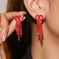 Elegant heart-shaped tassel earrings with red rhinestones in a stunning glossy finish - Electrophoretic Red Rhinestone Tassel (DTE1316625DY-R)