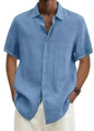 Vista frontale di una camicia in lino blu da uomo con scollo a V su un modello - Azzurro