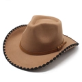 Gros plan du chapeau de cowboy en laine kaki avec coutures noires et bande en cuir - M(56-58cm) / Kaki