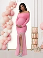 Abito premaman rosa con spalle scoperte e maniche lunghe con inserti in rete velata - S / Rosa