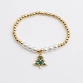 Pulsera elástica navideña con cuentas doradas, perlas blancas y colgante de árbol - Árbol de Navidad