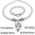 Conjunto de cadena cubana con cabeza de lobo en acero inoxidable plateado y pulsera - Collar 65cm + Pulsera 21.5cm / Juego Color Acero (KS193229-K)