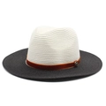 Detailed weave of two-tone straw hat with velvet band and gold M-letter buckle - M (56-58cm) / White + Black