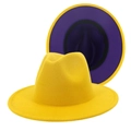 Dual-tone yellow and purple wool felt fedora hat with a stylish flat brim design - M (56-58cm) / Yellow with Purple Inside