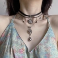Black velvet and silver chain layered necklace with rhinestone star and teardrop pendants - Star Water Drop Multi Layer Necklace