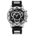 Herren Quarzuhr mit silbernem Legierungsgehäuse und schwarzem Silikonarmband mit Metallnetz - Schwarzes Zifferblatt Silbernes Gehäuse Schwarzes Armband