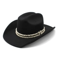 Classic black wool felt cowboy hat with vintage black and white plaid fringed ribbon - M (56-58cm) / Black