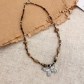Ethnic ceramic butterfly pendant necklace with brown and beige woven beads for women - Silver-Coffee Natural Stone Seed Bead Butterfly Necklace