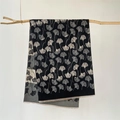 Elegant black cashmere-like scarf with white ginkgo leaf pattern and fringe edges - Black