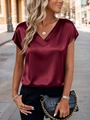 Short sleeve burgundy satin blouse with V-neckline and silky finish for women - S / Burgundy