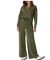 Olive green knit set featuring V-neck long sleeve sweater and high waist drawstring trousers - Army Green