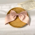 Pink soft fabric bow hair clip on a wooden tray with a vintage paper background - Two-Layer Bow Spring Clip / Pink