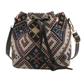 Vintage-Beuteltasche aus geometrischem Ethno-Webstoff mit schwarzen Lederriemen - Mehrfarbiges Ethno Geflecht