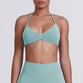 Detail of light blue seamless yoga set with halter v-neck bra and high waist leggings - Pale Green