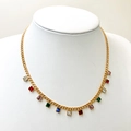 Golden chain necklace with colorful square zircon fringe pendants on a white model - Square Style (TZ-N0799-02-zhengfangxing)