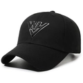 Klassische schwarze Baseballkappe aus Baumwolle mit weißem WV-Sticklogo und verstärktem Schirm - Schwarz Mit Weißer Stickerei
