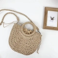 Handmade straw bucket bag with round handles and drawstring lining in beige - Brown