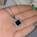 Silver plated necklace with deep blue square gemstone and halo cubic zirconia pendant - Tz-40 [blue Diamond]