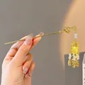 Golden Chinese hair stick with glowing lantern pendant and white pearl tassels - Palace Lantern Long Tassel (Gold)