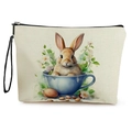 Easter canvas makeup bag with watercolor rabbit in coffee cup print and hand strap - Watercolor Teacup Bunny Style (款式1)