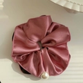 Pink satin scrunchie with white pearl detail for women ponytail accessory - Pink Color Blocking