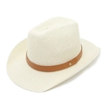 Chic beige knitted panama hat with a brown leather strap and gold metal rivet detail - M (56-58cm) / Creamy White