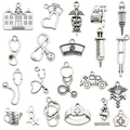 Silver alloy medical charms collection with stethoscope, syringe and ambulance icons - 20pcs Medical Theme Mix