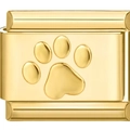Gold Italian charm bracelet link with an embossed pet paw print design on white backdrop - 1997 - All-gold Cat Paw