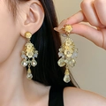 Detail of flower tassel earring with cream roses, pearls, and light green crystal beads - 1# Silver Earring Post - Gold - Flower