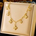 French vintage style gold necklace with diamond-encrusted clover and teardrop pendants - Six Pendant Combination Style (N3102)