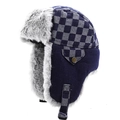 Colbacco a scacchi blu navy e grigio con fodera in ecopelliccia e paraorecchie - XL (58-60cm) / Blu Scuro a Scacchi