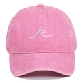 Close-up of wave embroidery on pink washed cotton baseball cap with reinforced seams - Adjustable / Pink