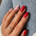 Red almond press-on nails with cherry art design and elegant sparkling rhinestone ring - Bz1489 Full Moon And Beautiful Flowers / Jelly Glue + Nail File