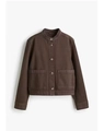 Close-up of a dark brown twill denim jacket with stand collar and large front pockets - XS / Coffee