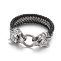 Men's Nordic wolf head braided leather bracelet with stainless steel dual wolf ring clasp - Steel Color (KB144776-KFC)